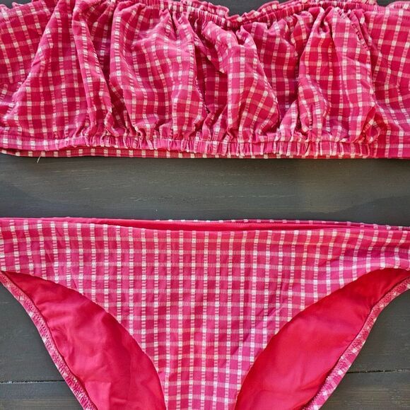 Red Carter Amour Gingham Shirred Bandeau Bikini Top & Bottom Set Size Large - Picture 7 of 15